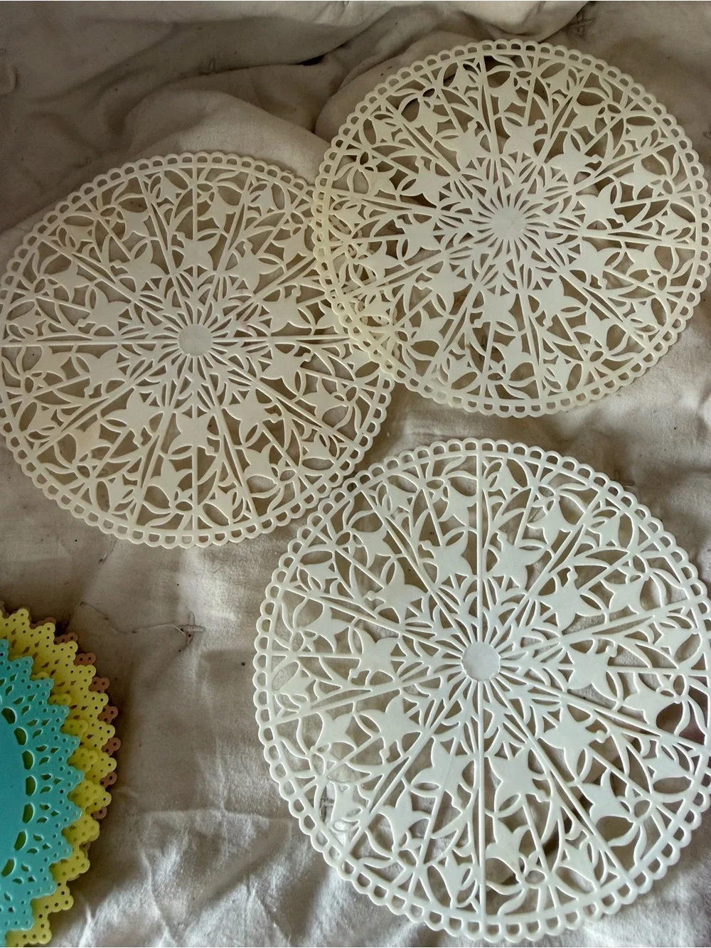 Vintage Pastel Plastic Lace Doilies Placemats Coasters Mixed Set